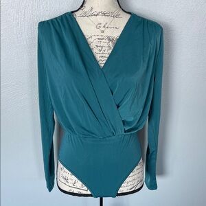 Teal Long Sleeve Wrap Bodysuit Deep V Neck Snap Closure Size Small